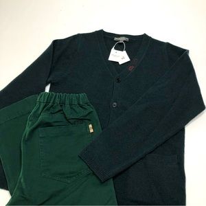 🆕 BONPOINT Boys Green Wool Cardigan & Pants Set • 10